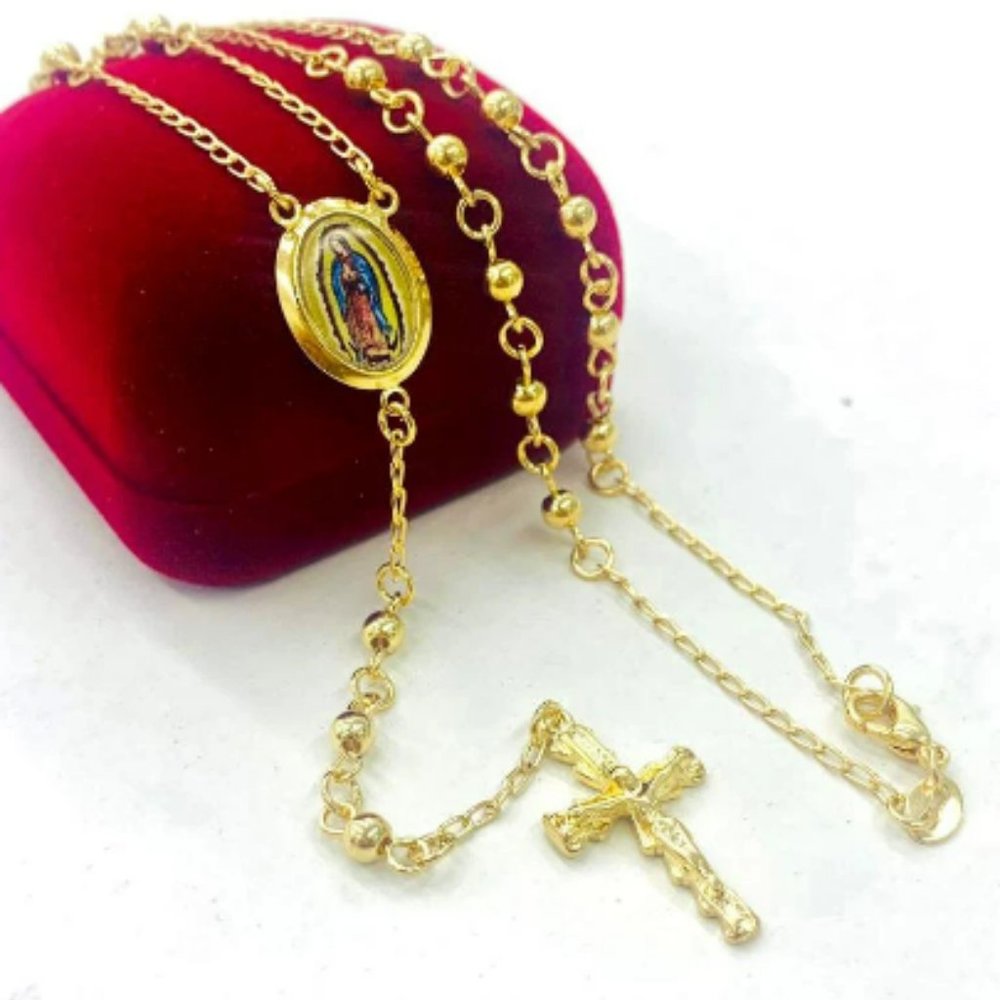 Gold Virgen de Guadalupe Rosary/Rosario de Guadalupe/Womens Necklace/Cross Medal